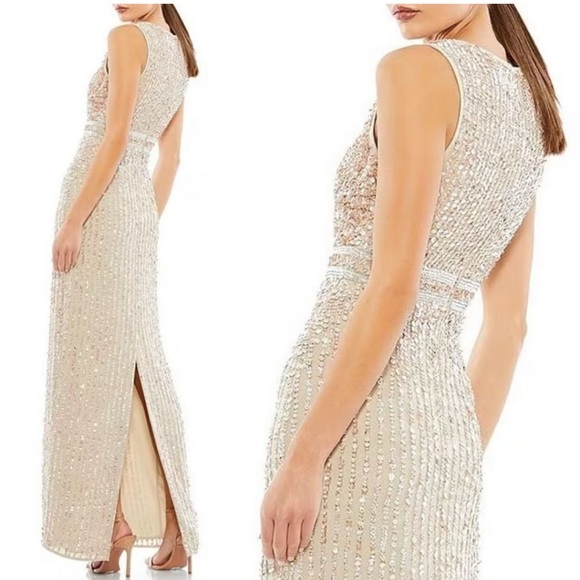 Mac Duggal Sequin High Neck Sleeveless Column Dress Gown Gold Back Slit #6619954 - Picture 2 of 9